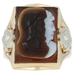 Yellow Gold Carved Banded Agate & Diamond Vintage Warriors Men's Ring, 10k