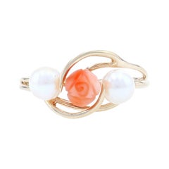 Vintage Yellow Gold Carved Coral & Cultured Pearl Flower Bypass Ring - 14k Rose Blossom
