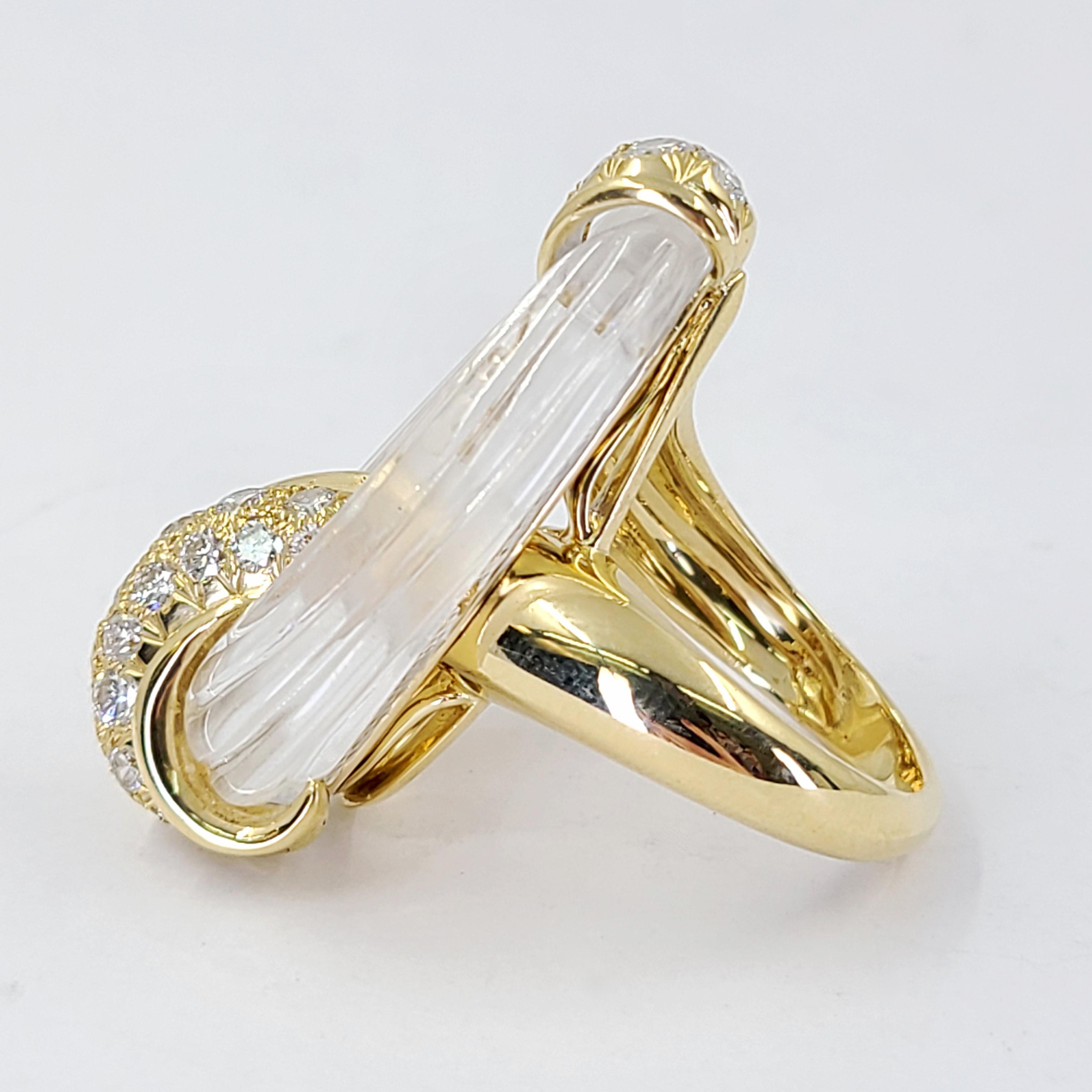 Round Cut Yellow Gold Carved Diamond and Rock Crystal Quartz Cocktail Ring