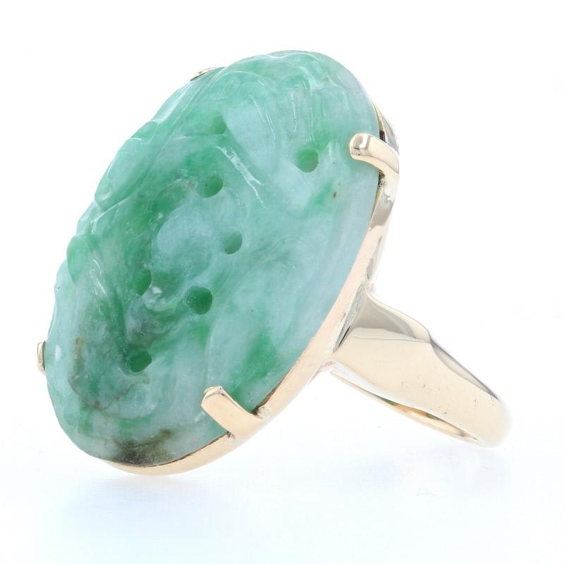 Yellow Gold Carved Jadeite Cocktail Solitaire Ring, 14k Flower, Birds, & Fish In Excellent Condition In Greensboro, NC