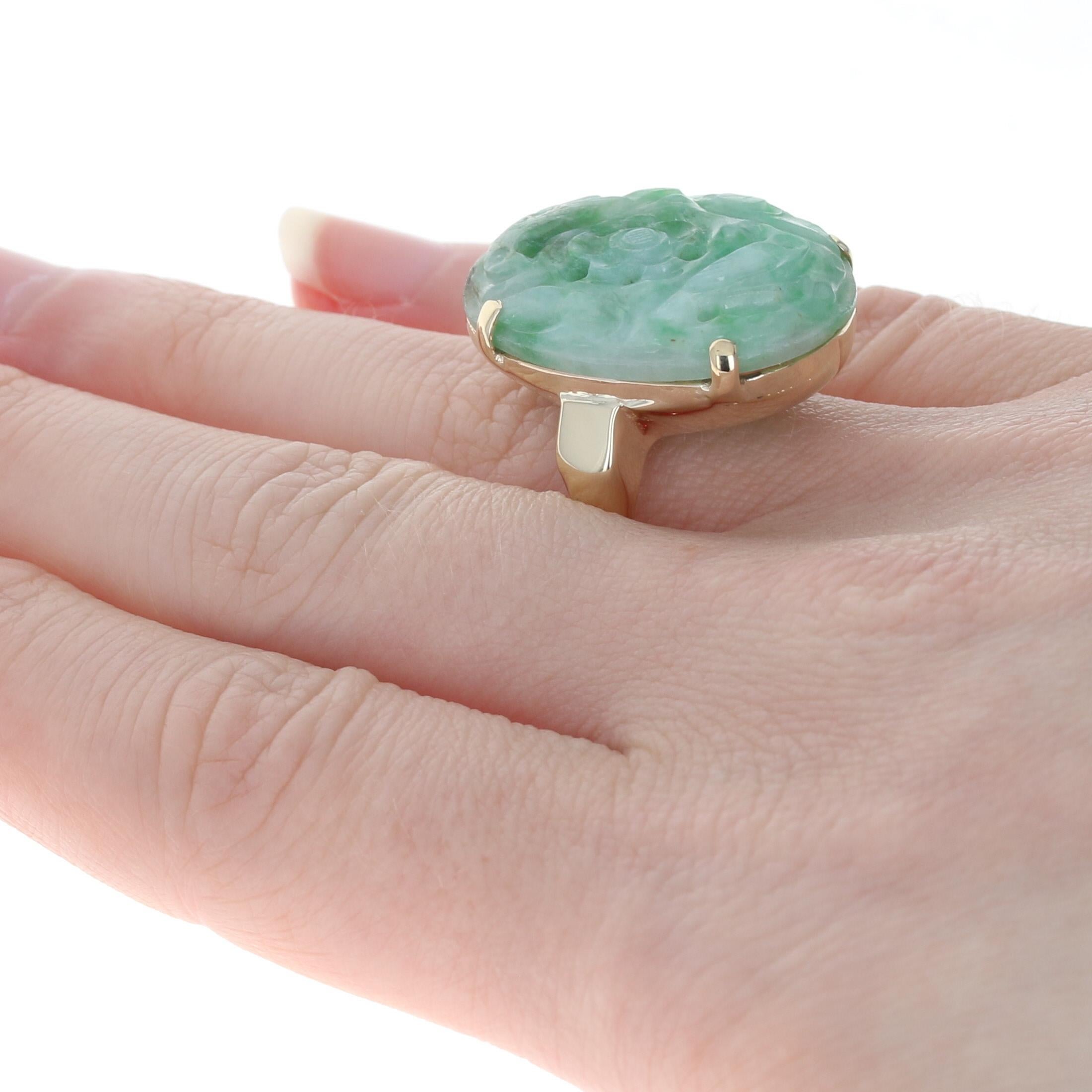 Women's or Men's Yellow Gold Carved Jadeite Cocktail Solitaire Ring, 14k Flower, Birds, & Fish