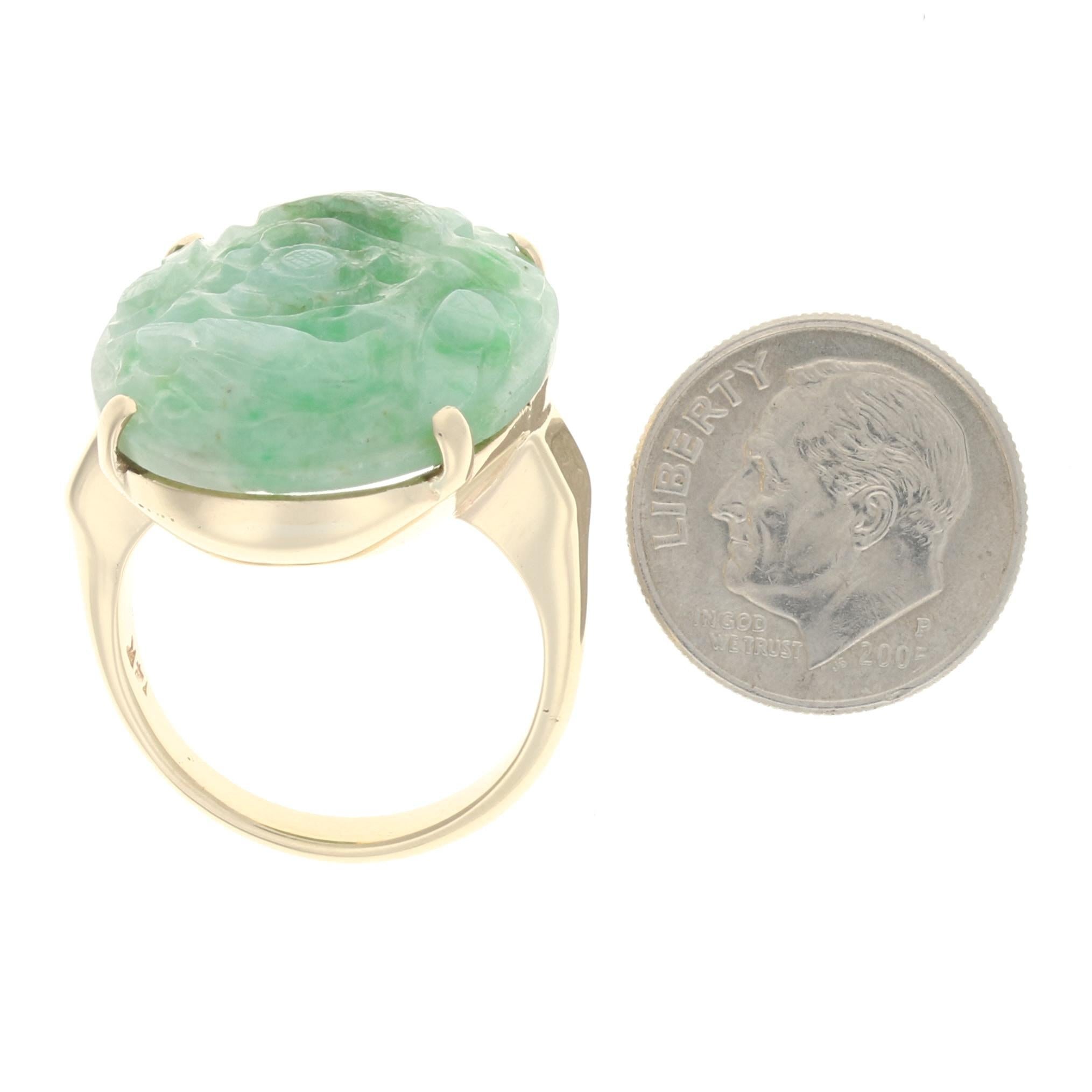 Yellow Gold Carved Jadeite Cocktail Solitaire Ring, 14k Flower, Birds, & Fish 1