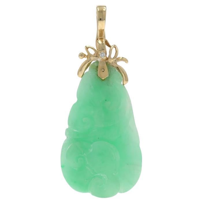 Yellow Gold Carved Jadeite Diamond Scrolling Clouds Enhancer Pendant - 14k For Sale