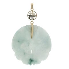 Yellow Gold Carved Jadeite Pendant - 14k Shou Longevity