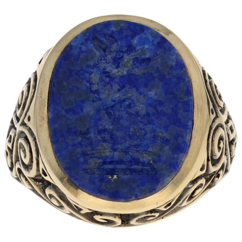 Yellow Gold Carved Lapis Lazuli Intaglio Ring, 9 Karat Men's Heraldic Signet