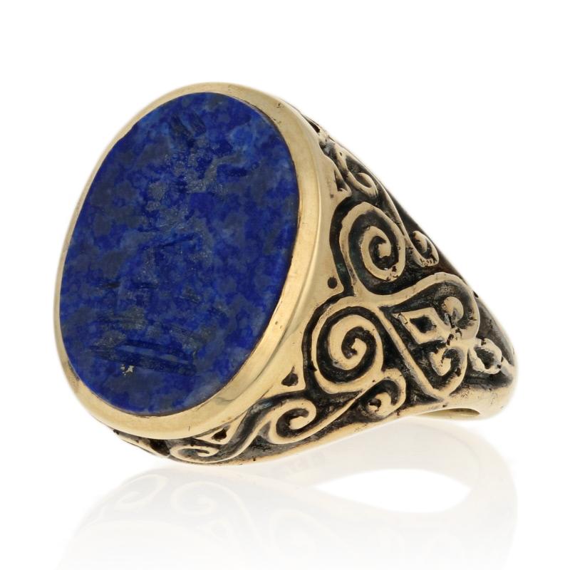 Size: 6
Sizing Fee: Up 2 sizes for $40

Metal Content: 9k Yellow Gold 

Stone Information: 
Genuine Lapis Lazuli 
Color: Blue 
Size: 16.4mm x 12.6mm

Face Height (north to south): 3/4