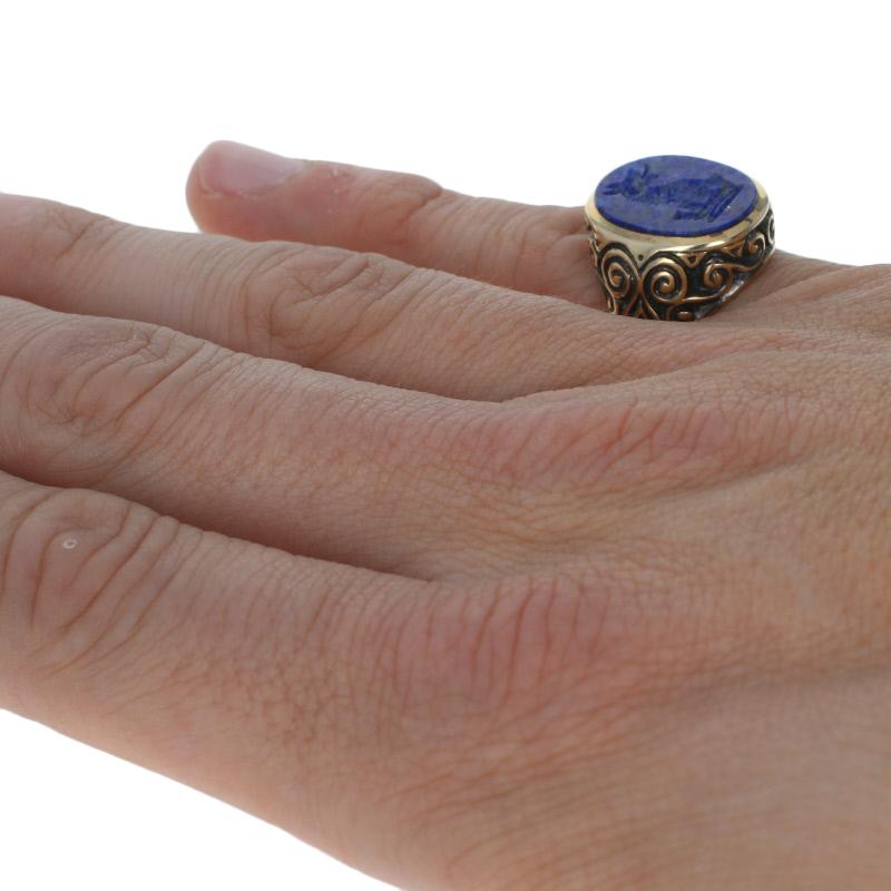 Oval Cut Yellow Gold Carved Lapis Lazuli Intaglio Ring, 9 Karat Men's Heraldic Signet