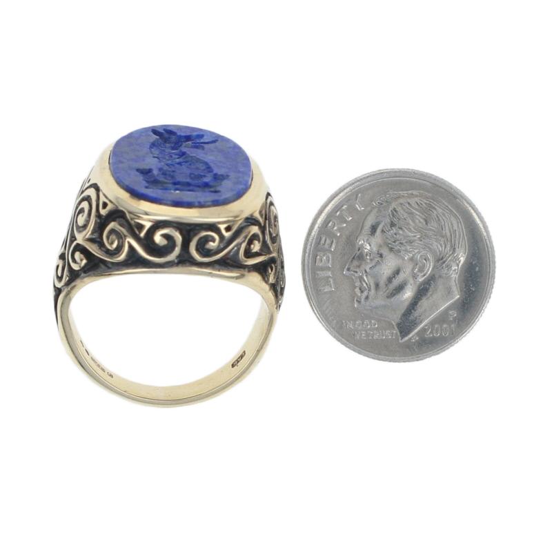 Women's or Men's Yellow Gold Carved Lapis Lazuli Intaglio Ring, 9 Karat Men's Heraldic Signet
