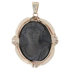 Yellow Gold Carved Lava Cameo Vintage Pendant, 14k Woman's Silhouette