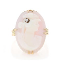 Yellow Gold Carved Shell Cameo Diamond Art Deco Ring 10k En Habille SZ 4 3/4