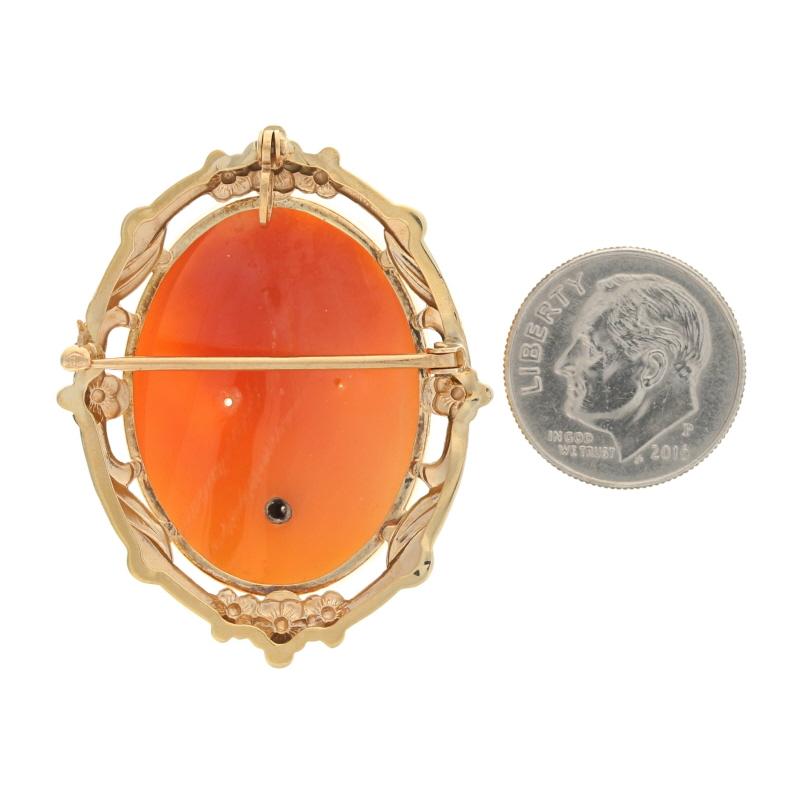 Single Cut Yellow Gold Carved Shell Cameo Diamond Vintage En Habille Brooch/Pendant 10k Pin For Sale