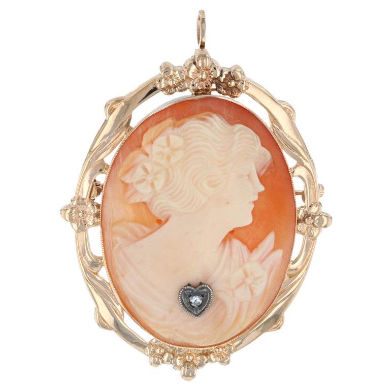 Yellow Gold Carved Shell Cameo Diamond Vintage En Habille Brooch/Pendant 10k Pin For Sale