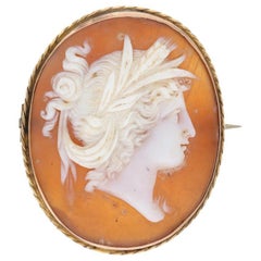 Yellow Gold Carved Shell Cameo Edwardian Silhouette Brooch, 10k Vintage Oval Pin