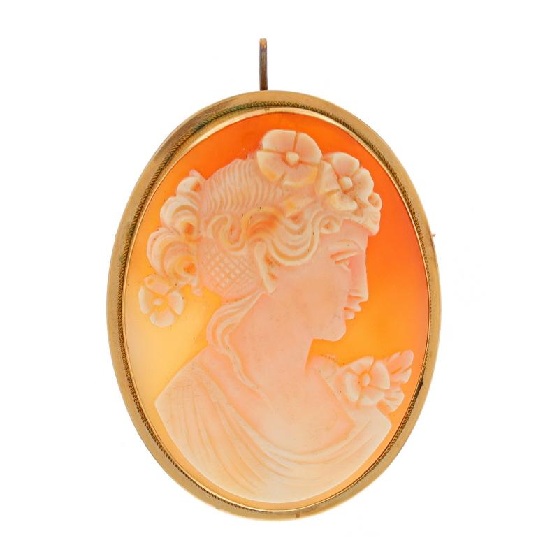 Era: Edwardian

Metal Content: 14k Yellow Gold

Stone Information

Natural Carved Shell Cameo

Style: Convertible Brooch/Pendant
Fastening Type: Hinged Pin and Whale Tail Clasp
Theme: Silhouette

Measurements

Tall: 2 1/8