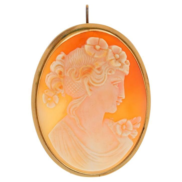 Yellow Gold Carved Shell Cameo Edwardian Silhouette Convertible Brooch - 14k Pin For Sale