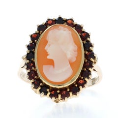 Yellow Gold Carved Shell Cameo Garnet Halo Ring - 10k 1.68ctw Silhouette