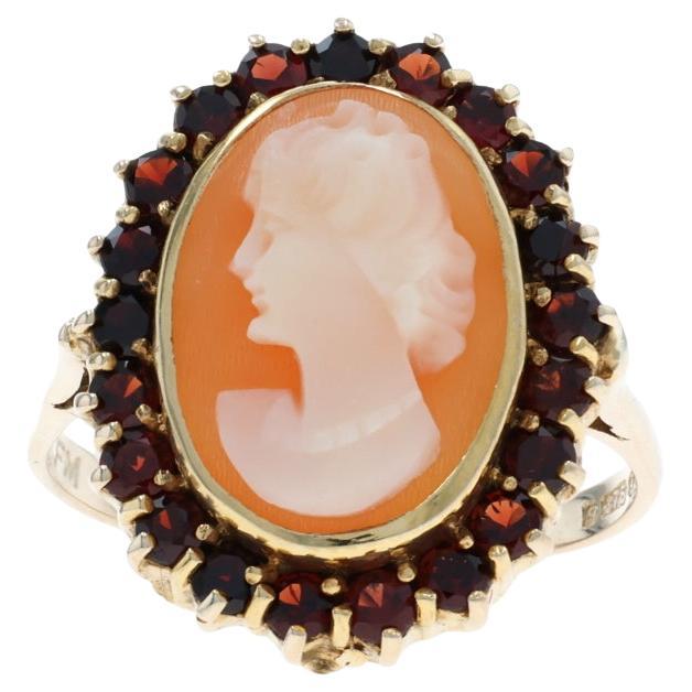 Yellow Gold Carved Shell Cameo Garnet Halo Ring - 10k 1.68ctw Silhouette For Sale