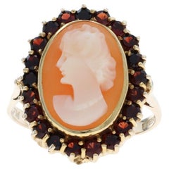Yellow Gold Carved Shell Cameo Garnet Halo Ring - 10k 1.68ctw Silhouette