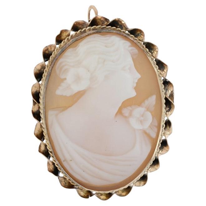 Yellow Gold Carved Shell Cameo Vintage Brooch/Pendant - 10k Silhouette Pin For Sale