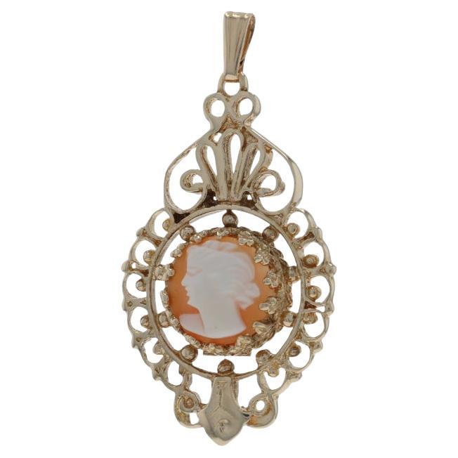 Yellow Gold Carved Shell Cameo Vintage Pendant 14k Silhouette For Sale