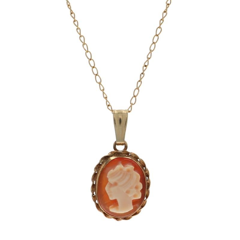 Era: Vintage

Metal Content: 14k Yellow Gold

Stone Information

Natural Carved Shell Cameo

Chain Style: Curb
Necklace Style: Chain
Fastening Type: Spring Ring Clasp
Theme: Silhouette

Measurements

Item 1: Pendant
Face Height (north to south):