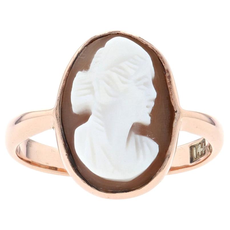 Yellow Gold Carved Shell Cameo Vintage Solitaire Ring, 14k Woman's Silhouette