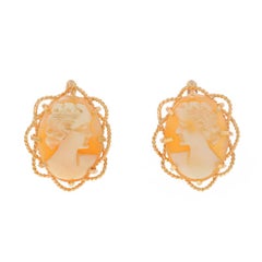 Oro Amarillo Tallado Concha Camafeo Vintage Pendientes 18k Cuerda Marco Perforado