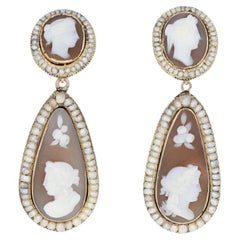 Yellow Gold Carved Shell & Seed Pearl Earrings, 14k Vintage Cameo Dangles