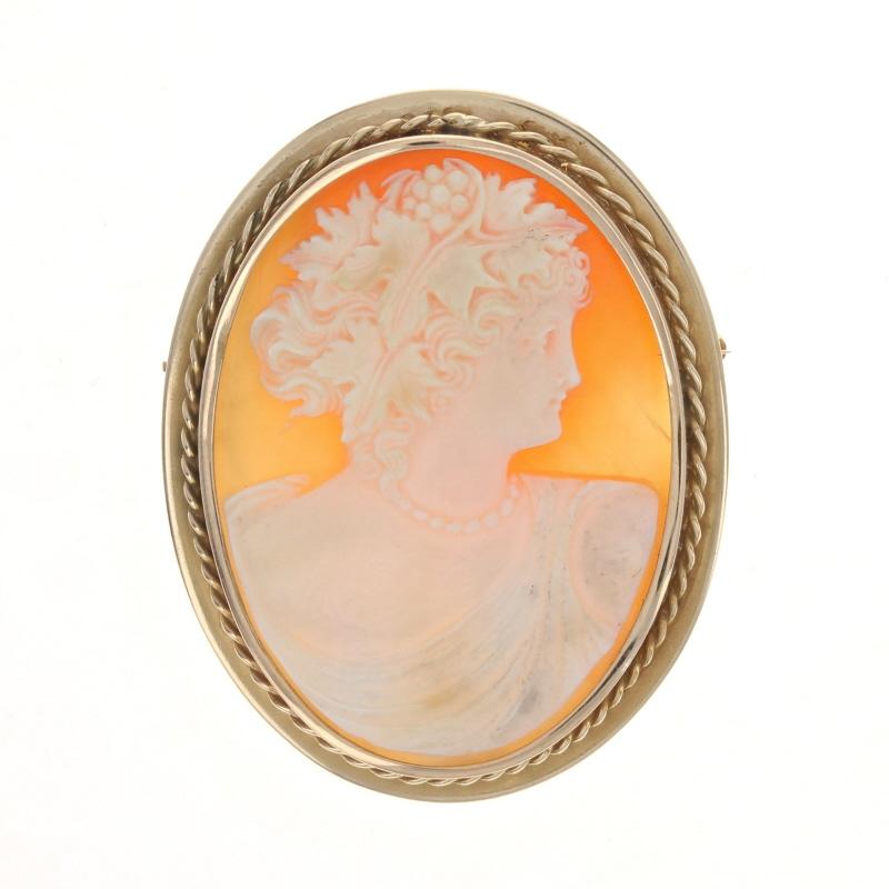Era: Vintage

Metal Content: 14k Yellow Gold

Stone Information

Natural Carved Shell
Cut: Cameo

Style: Brooch
Fastening Type: Hinged Pin and Locking C-Clasp
Theme: Silhouette
Features: Rope-textured border detailing

Measurements

Tall: 1 27/32