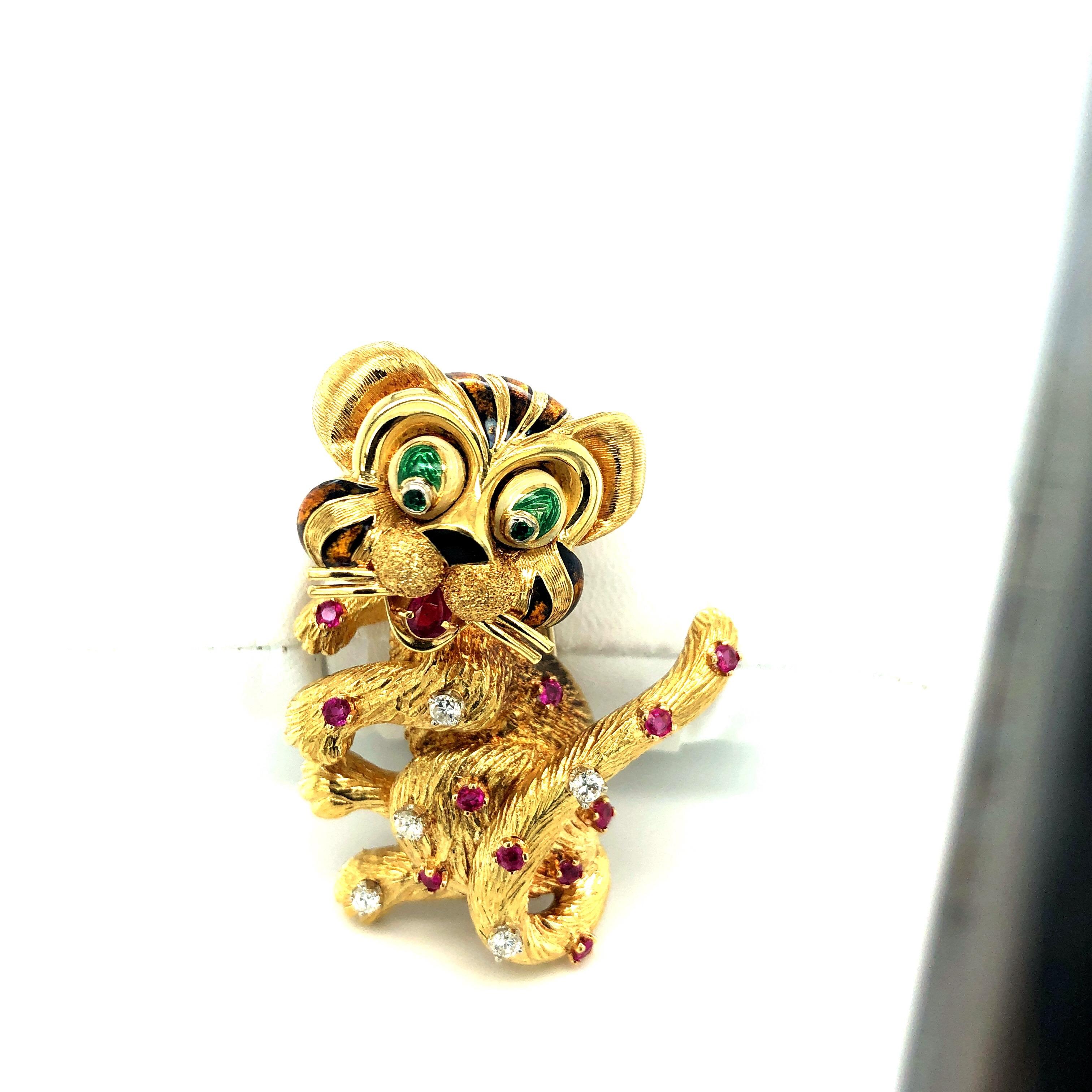 Emerald Cut Yellow Gold Cat Pin with Diamonds Rubies and Emeralds