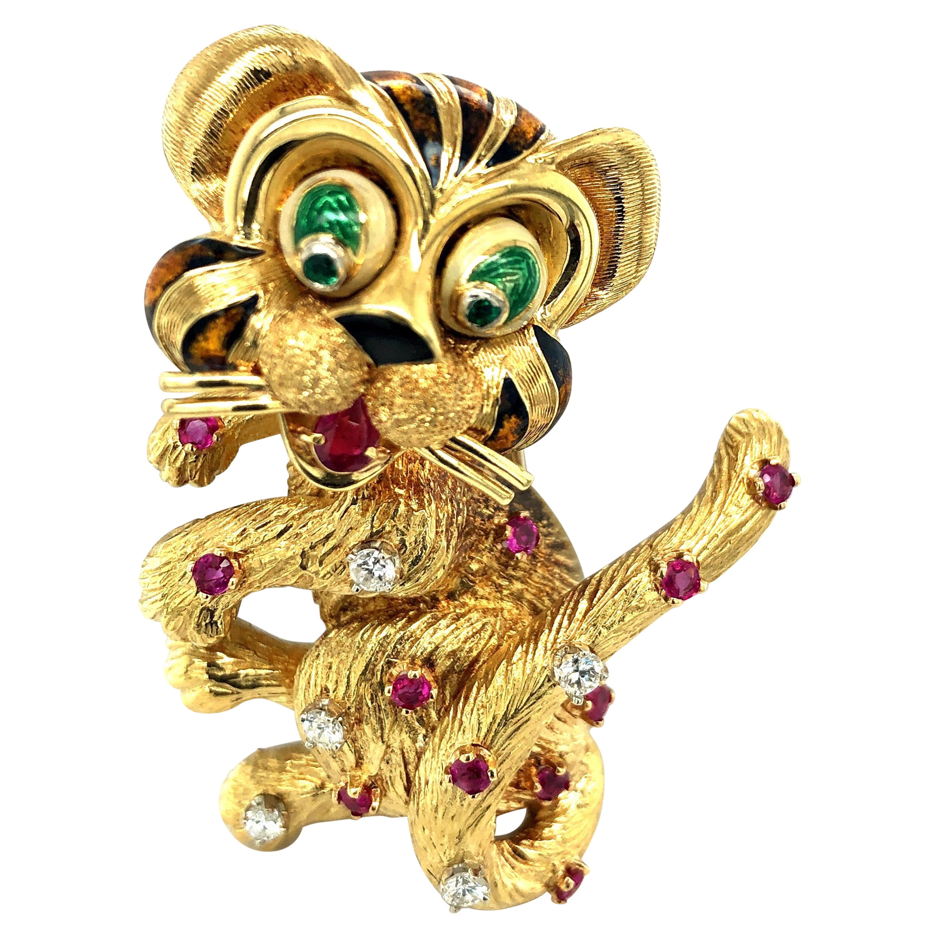 Yellow Gold Cat Pin with Diamonds Rubies and Emeralds