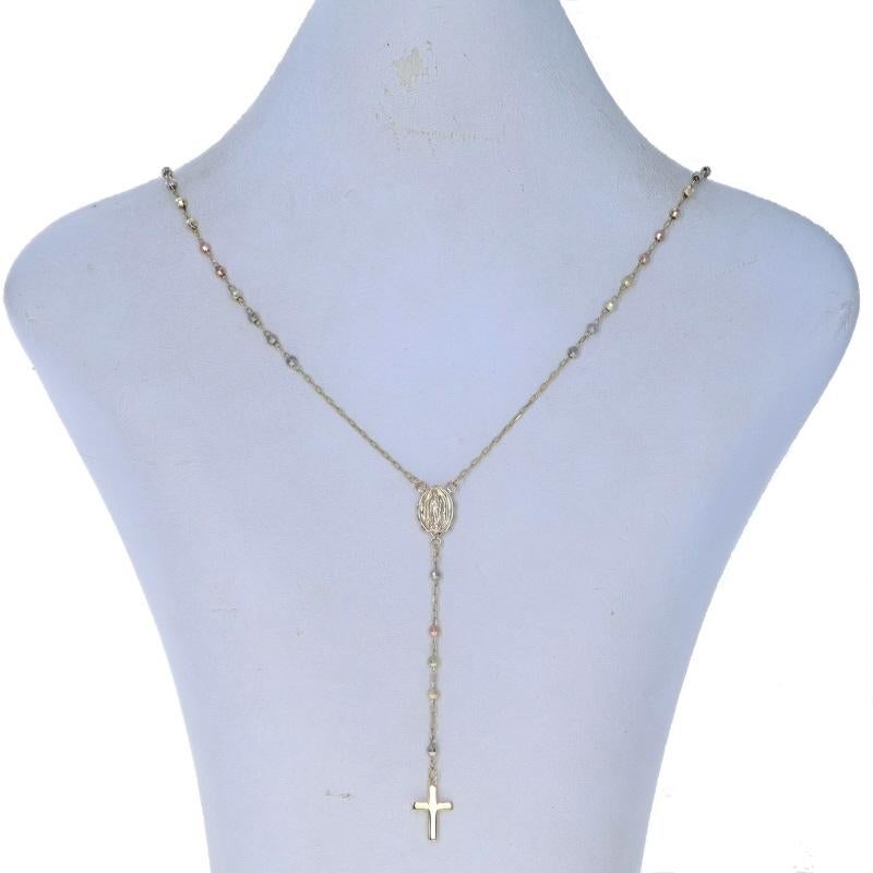Metal Content: 14k Yellow Gold, 14k White Gold, & 14k Rose Gold

Style: Rosary
Chain Style: Diamond Cut Cable
Necklace Style: Chain
Fastening Type: N/A (slides over head)
Features: Etched Detailing

Measurements

Item 1: Chain
Chain Width: 1/16