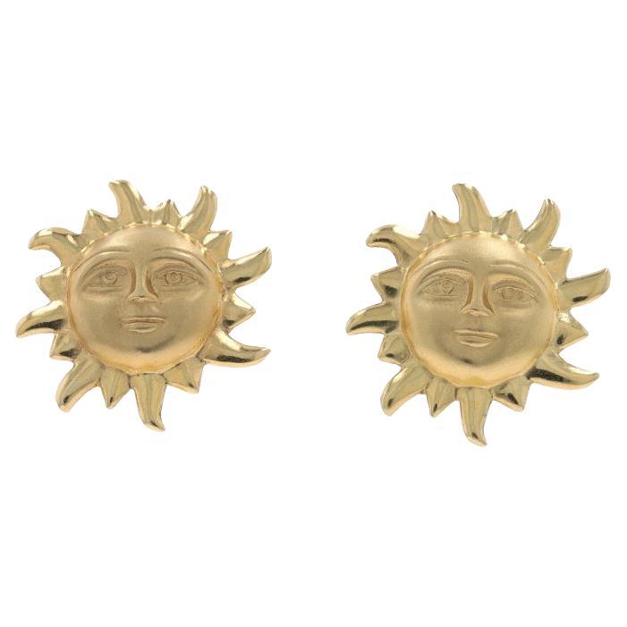 Yellow Gold Celestial Sun Face Large Stud Earrings - 14k Pierced
