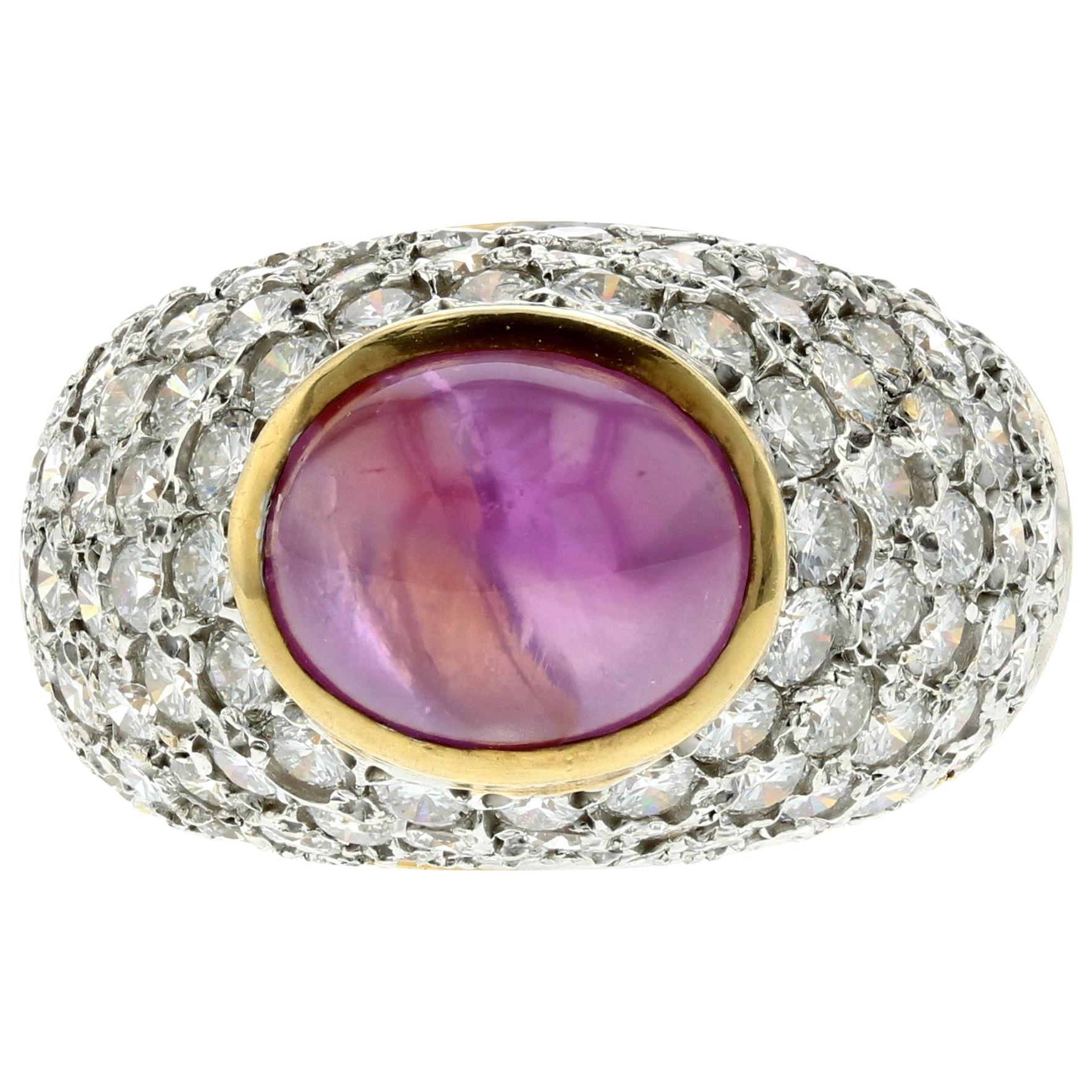 GIA Certified 6.50 Carat Pink Star Sapphire and Pavé Diamond Ring in 18K Gold