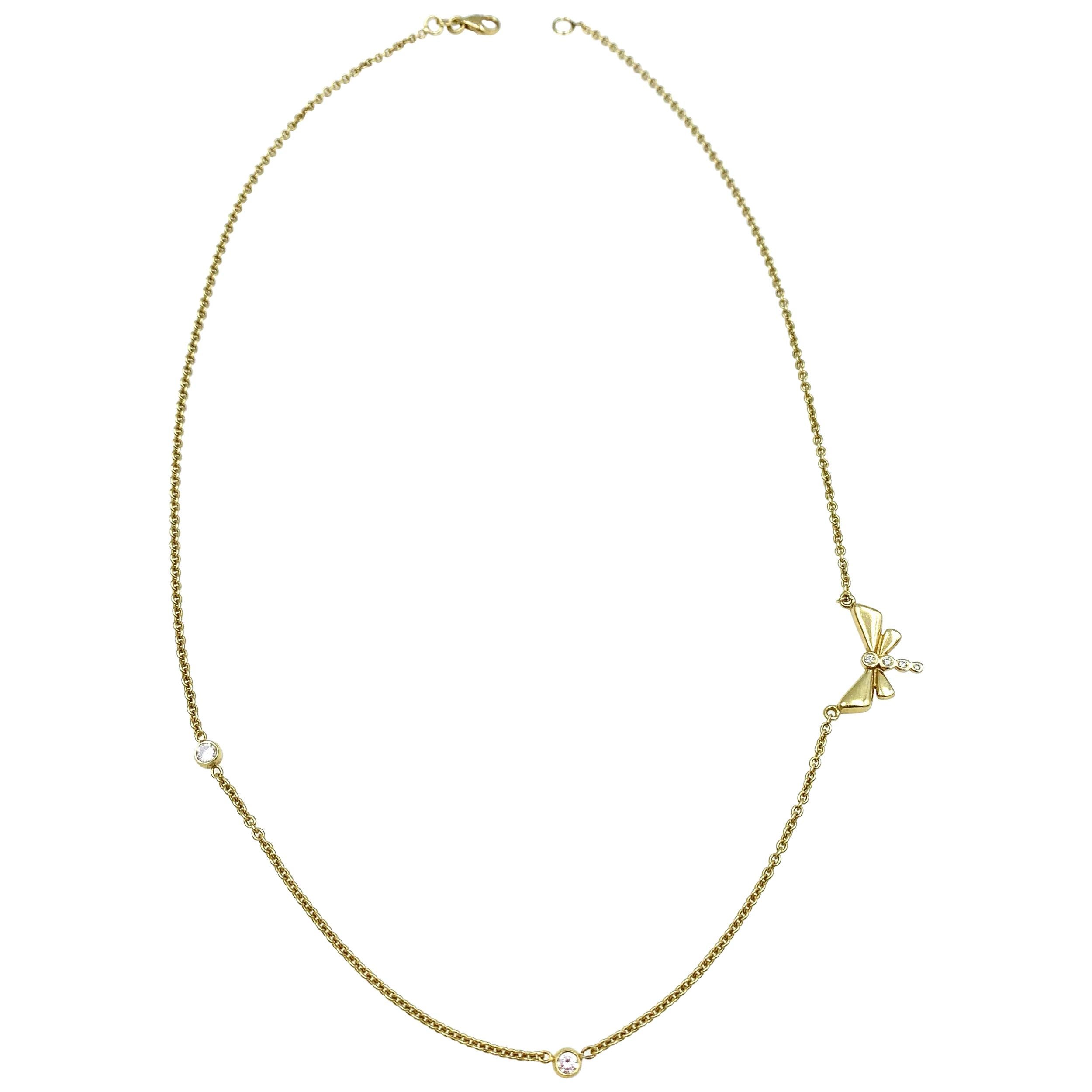 Yellow Gold Chain Choker Necklace with Dragonfly and Diamonds