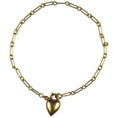 Yellow Gold Chain Link Bracelet with Puffy Heart Padlock Charm Pendant