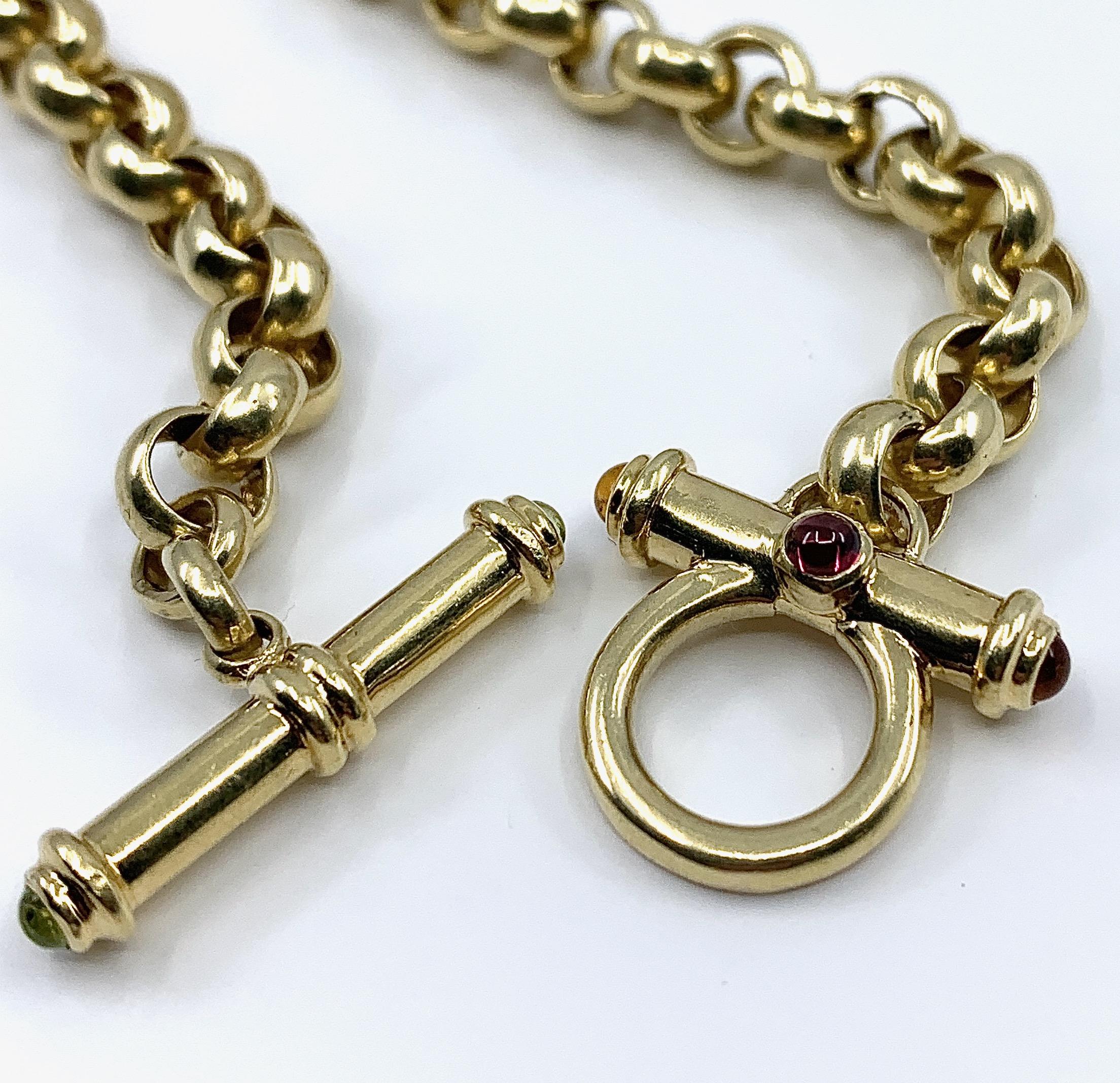 Round Cut Yellow Gold Chain Necklace with Gemstone-Tipped Toggle Clasp