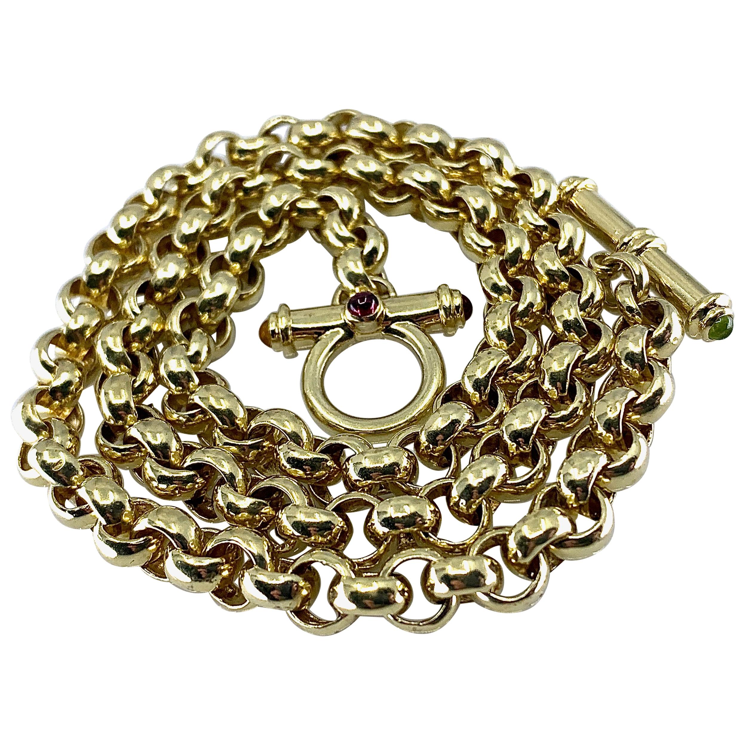 Yellow Gold Chain Necklace with Gemstone-Tipped Toggle Clasp