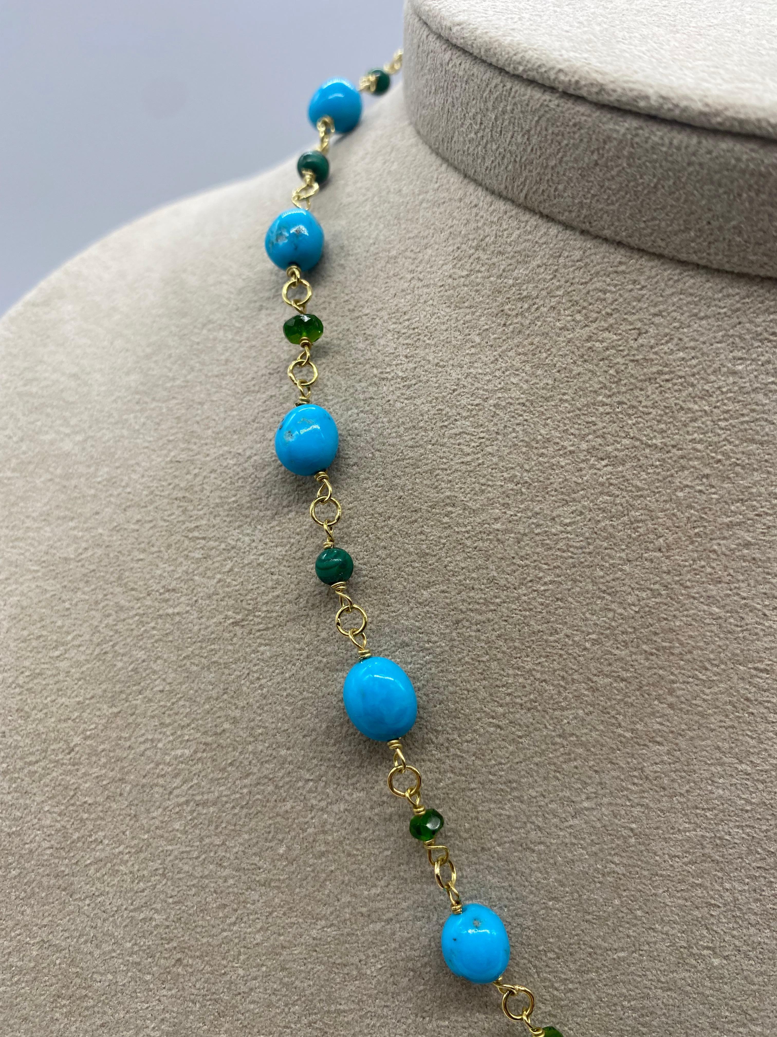 Chain Necklace Turquoises Malachites Diopsides Yellow Gold 18 Karat In New Condition For Sale In Vannes, FR