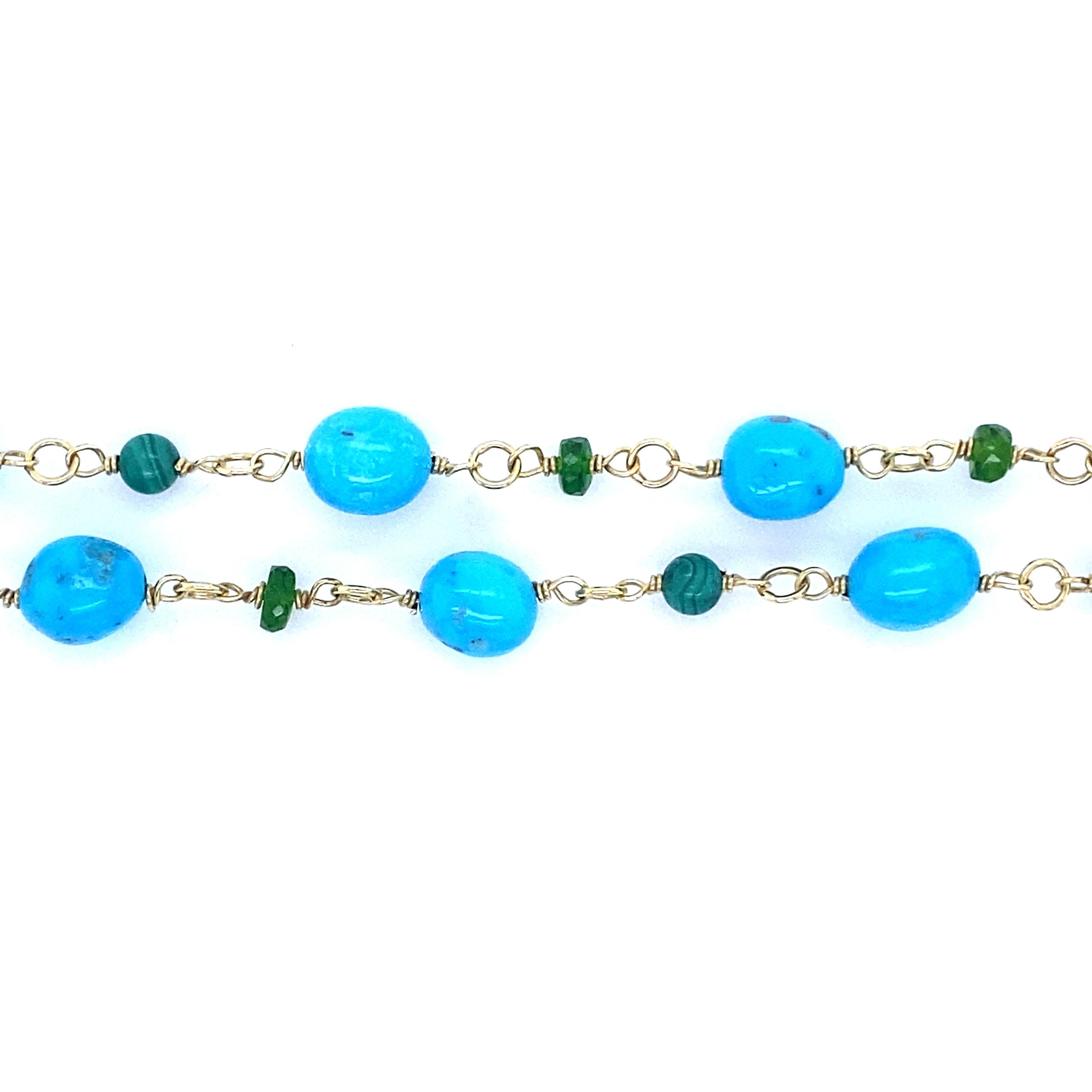 Chain Necklace Turquoises Malachites Diopsides Yellow Gold 18 Karat For Sale 1