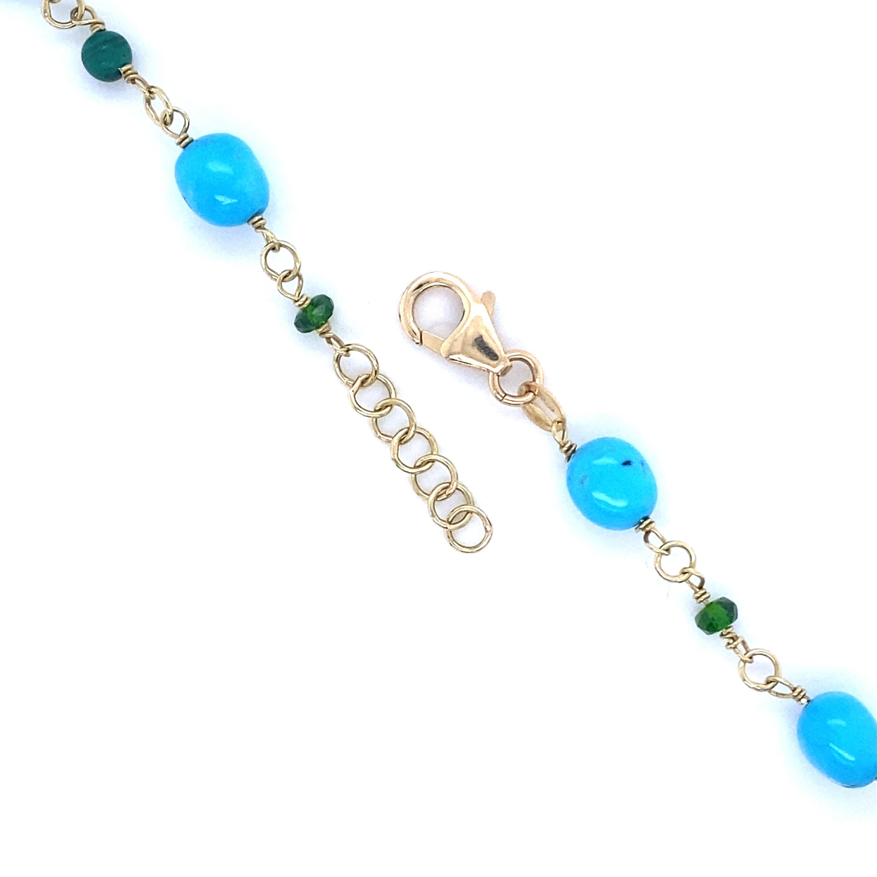 Chain Necklace Turquoises Malachites Diopsides Yellow Gold 18 Karat For Sale 3