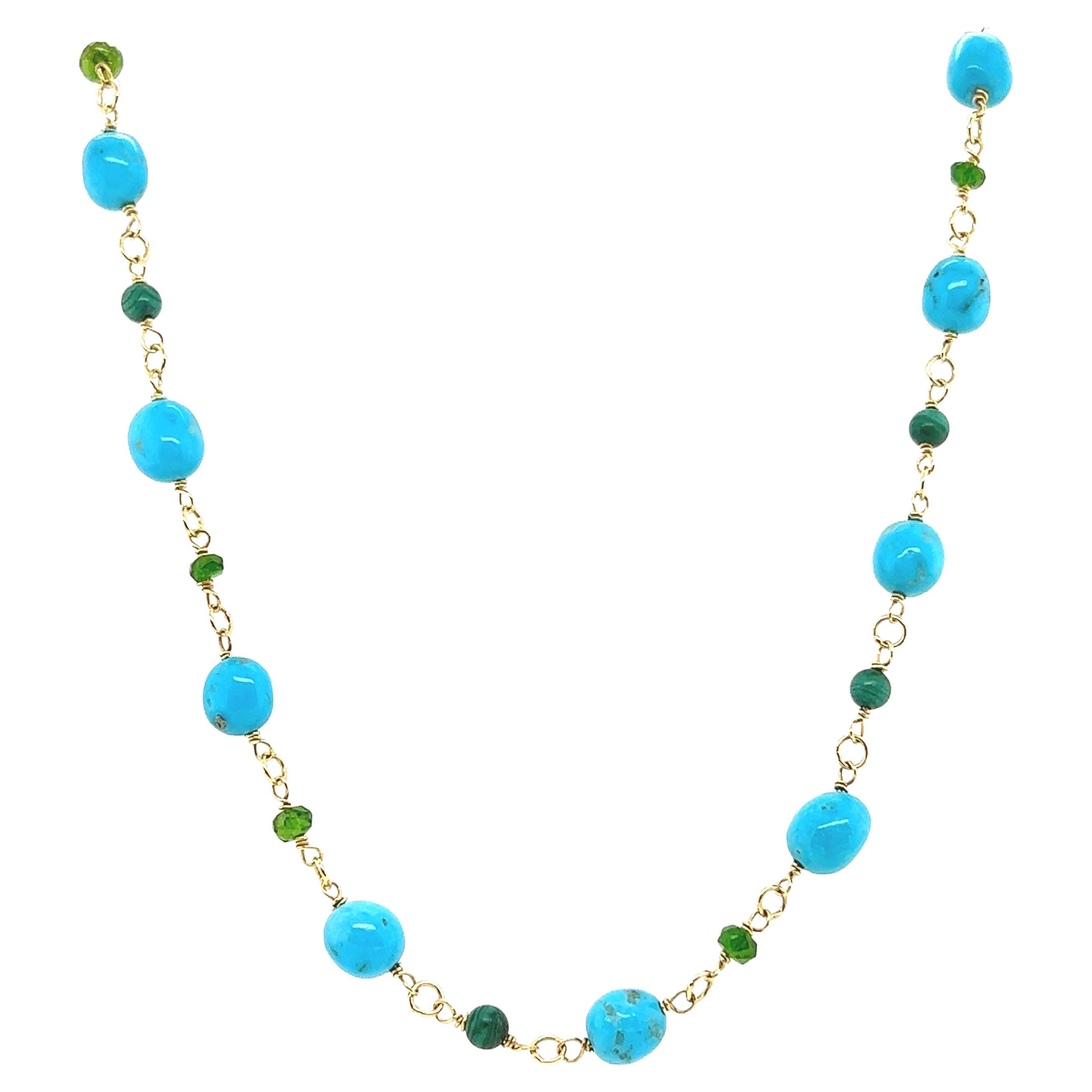 Chain Necklace Turquoises Malachites Diopsides Yellow Gold 18 Karat For Sale