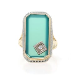 Yellow Gold Chalcedony Diamond Art Deco Ring - 18k Flat Cut Corner Rect Vintage