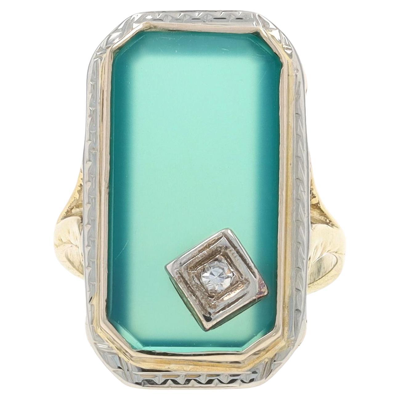 Yellow Gold Chalcedony Diamond Art Deco Ring - 18k Flat Cut Corner Rect Vintage