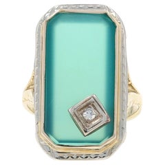 Bague Art déco en or jaune 18 carats, calcédoine et diamants, coupe plate et rectangulaire vintage