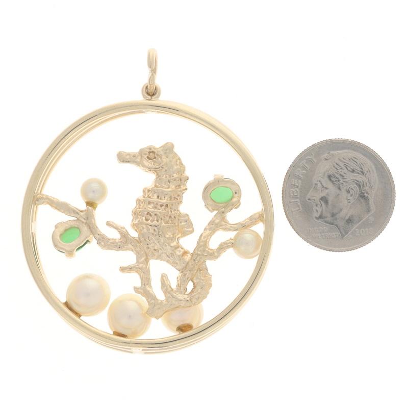 Yellow Gold Chalcedony & Pearl Seahorse Pendant - 14k Oval Cabochon Ocean Life In Excellent Condition For Sale In Greensboro, NC