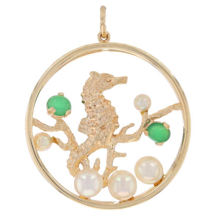 Yellow Gold Chalcedony & Pearl Seahorse Pendant - 14k Oval Cabochon Ocean Life For Sale