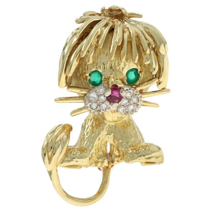 Broche de Oro Amarillo Calcedonia Rubí León Feliz - 18k Redondo .30ctw Alfiler Cachorro de Gran Gato