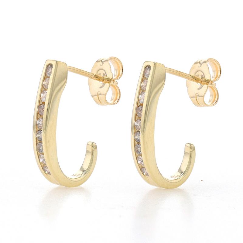 Metal Content: 14k Yellow Gold

Stone Information
Natural Diamonds
Carat(s): .30ctw
Cut: Round Brilliant
Color: Champagne Brown
Clarity: I1 - I2

Total Carats: .30ctw

Style: J-Hook
Fastening Type: Butterfly Closures
Features: Channel Set