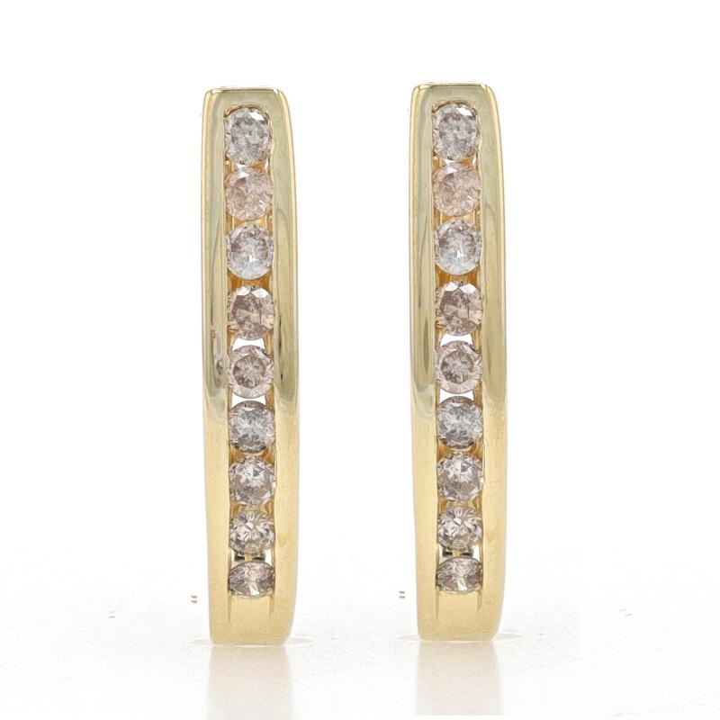 Yellow Gold Champagne Brown Diamond J-Hook Earrings 14k Rnd .30ctw Channel Set In Excellent Condition For Sale In Greensboro, NC